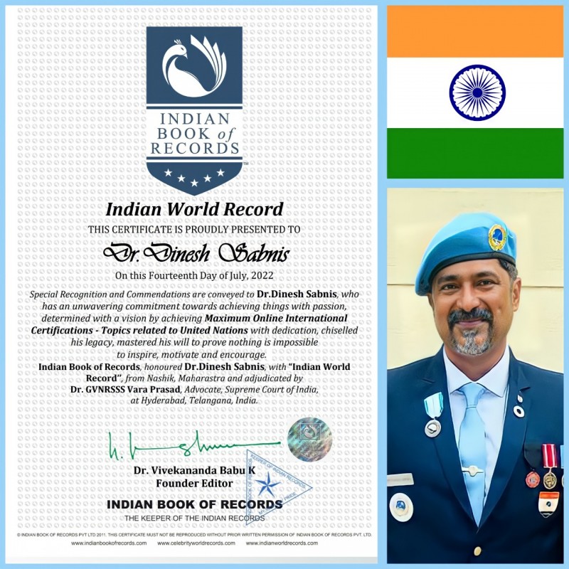 Dr.Dinesh Sabnis was Conferred with Certificate of Indian World Record for Completing Maximum Online Certifications in Topics related to United Nations.
