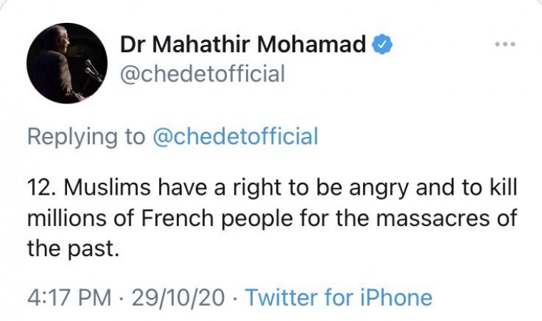 Twitter marked Mahathir's tweet on France as glorifying violence