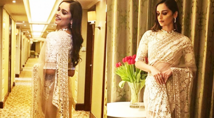Miss World Manushi has us fastened with her Manish Malhotra ivory sari