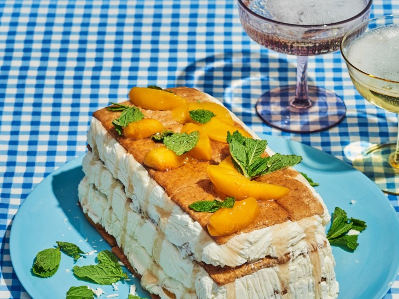 Poached peach and mascarpone fridge cake recipe