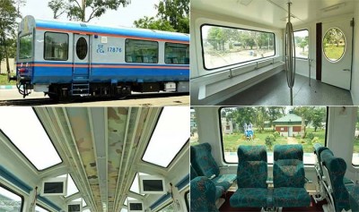 Where do trains with revolving seats, glass windows and unique coaches run?