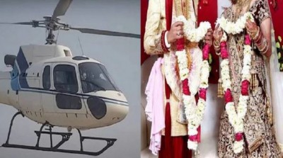 The groom arrived to pick up the bride on a helicopter not a luxury car
