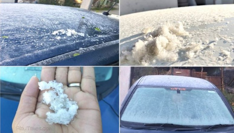 माउंट आबू में सर्दी का सितम जारी, कारों पर जमी बर्फ