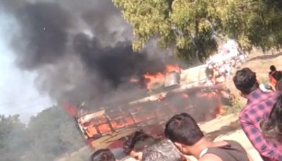 Passenger bus collides with dumper, fire breaks out