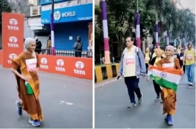 80-year-old woman ran in Mumbai Marathon wearing saree, everyone shocked