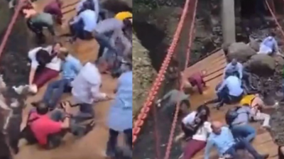 VIDEO! उद्घाटन के दौरान ही टूट गया पुल, पत्नी संग नाले में गिरे 'नेताजी'