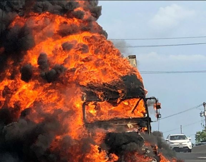 Marble-filled trailer collides with tanker, driver burnt alive
