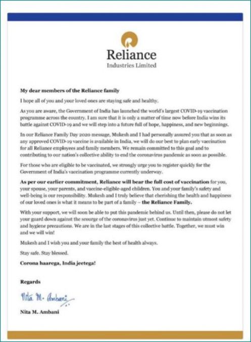 All Reliance employees and their families will be given vaccine for free: Nita Ambani