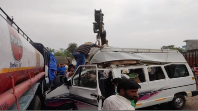 Collision took place between a car and a tanker full of Nepalese passengers....Three killed and others injured