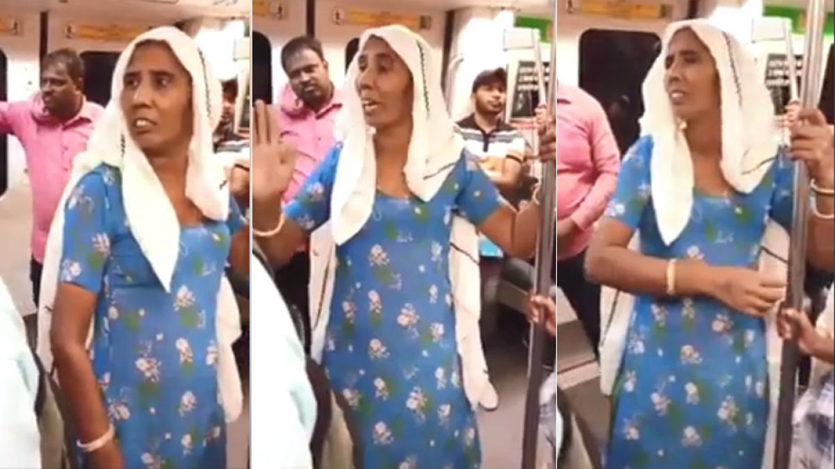 VIDEO: मेट्रो में प्रेमी युगल की हरकत देख भड़की हरियाणवी ताई, कहा- 'अब पीटकर ही मानेगी'