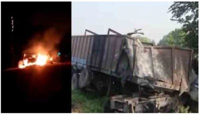 दर्दनाक हादसा: ट्रक-ट्रेलर में भिड़ंत के बाद लगी आग, तीन लोग जिंदा जले