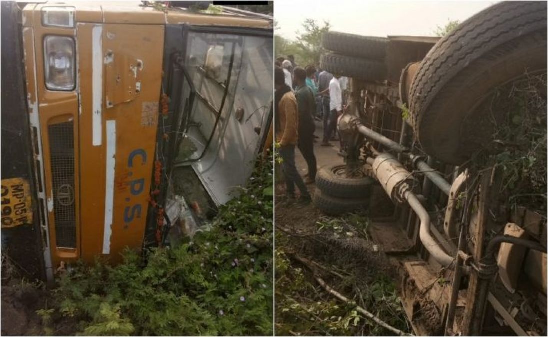 Madhya Pradesh: A horrific road accident in Hoshangabad, a school bus filled with children overturned