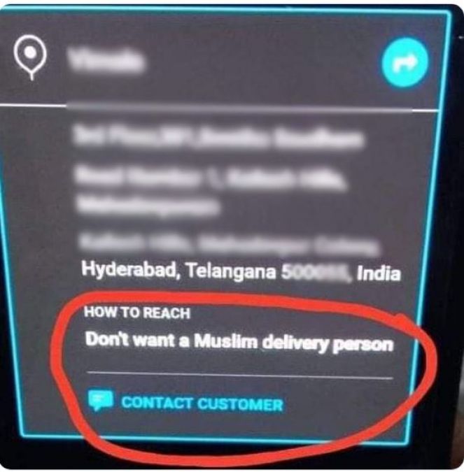 'Don't send Muslim delivery boys' customer writes message with food order
