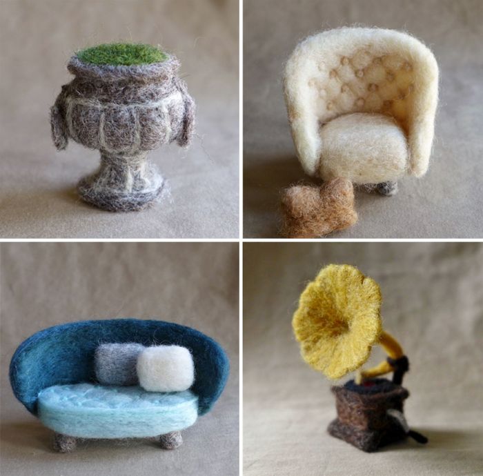 Needle felted 'furniture and antiques' miniature dioramas are best suited for doll house