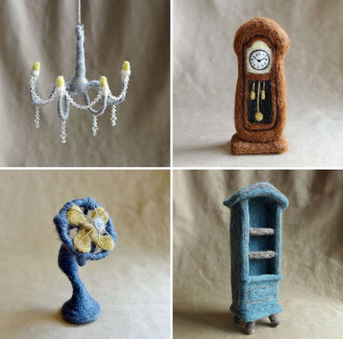 Needle felted 'furniture and antiques' miniature dioramas are best suited for doll house