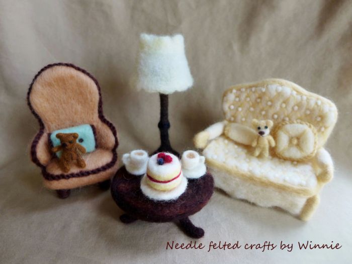 Needle felted 'furniture and antiques' miniature dioramas are best suited for doll house