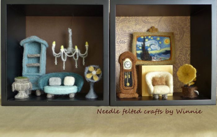 Needle felted 'furniture and antiques' miniature dioramas are best suited for doll house