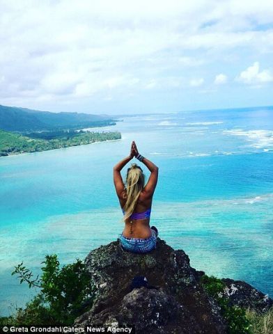 The girl performs Yoga at different famous places of the world