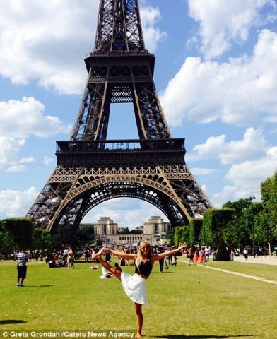 The girl performs Yoga at different famous places of the world