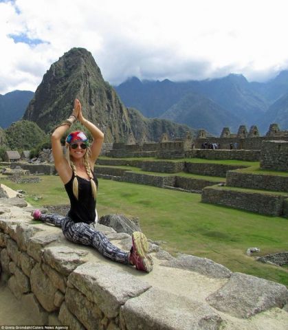 The girl performs Yoga at different famous places of the world