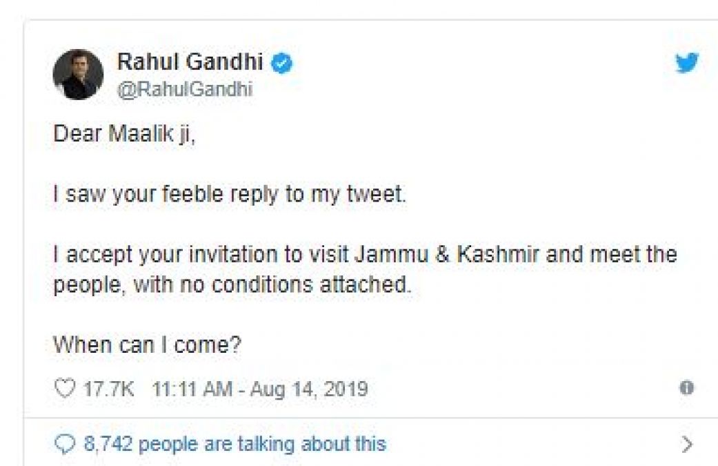 राहुल गांधी का कश्मीर के राज्यपाल से सवाल, पूछा- 'मैं कब आ सकता हूं?'