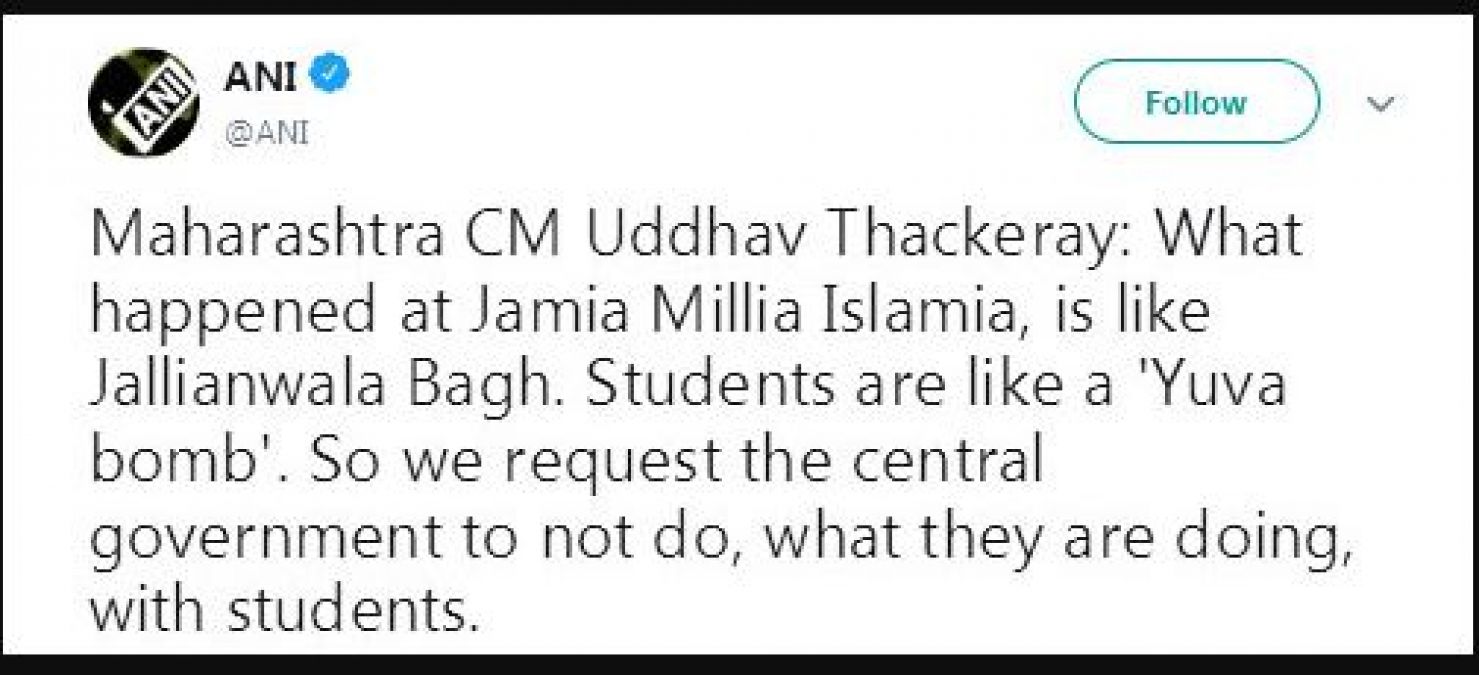 CM Uddhav Thackeray compares Jallianwala Bagh to Jamia's protest