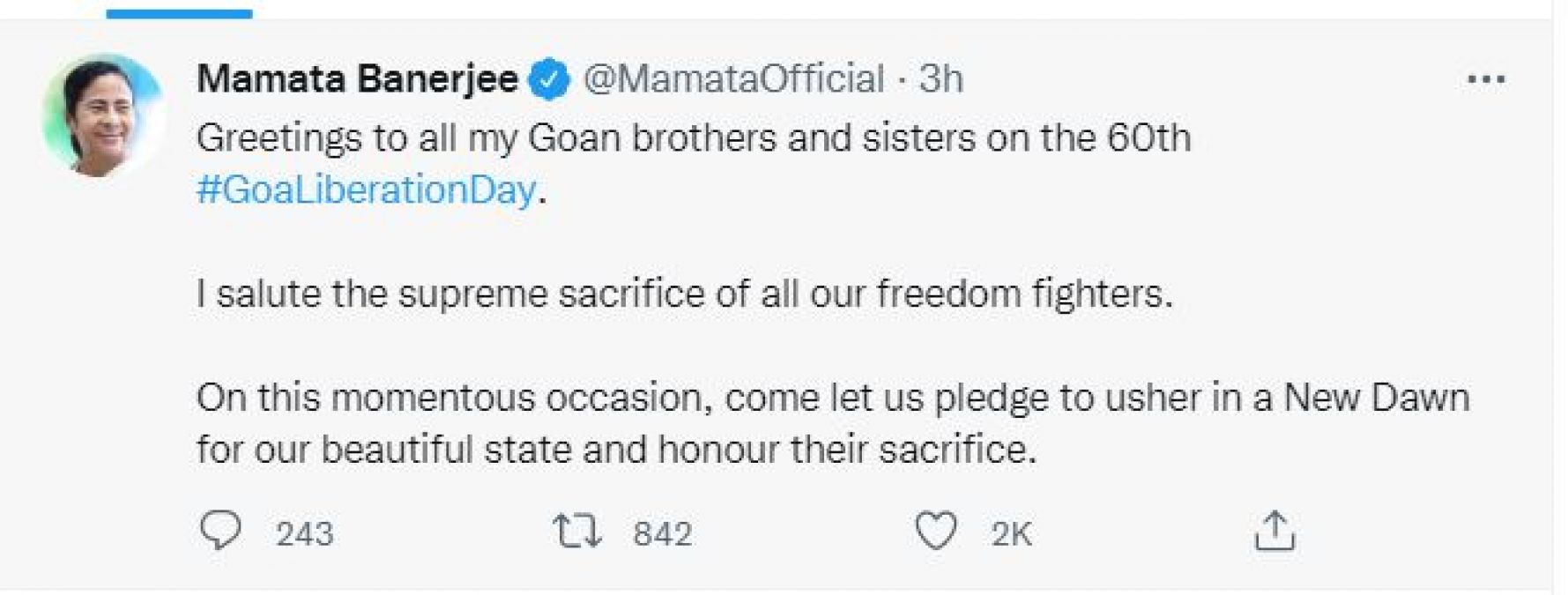 Mamata Banerjee, Arvind Kejriwal congratulate on Goa Liberation Day
