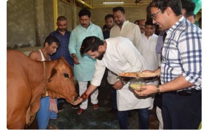 चिराग पासवान ने गाय को खिलाई रोटी, UP में बीजेपी की जीत पर दी बधाई