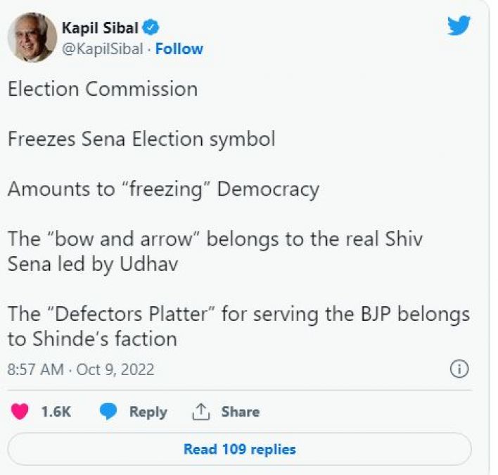 'Bow and arrow belong to Uddhav's Shiv Sena': Sibal slams EC