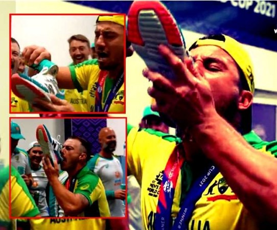 Australian player immersed in celebration of victory drank beer by putting in his shoes
