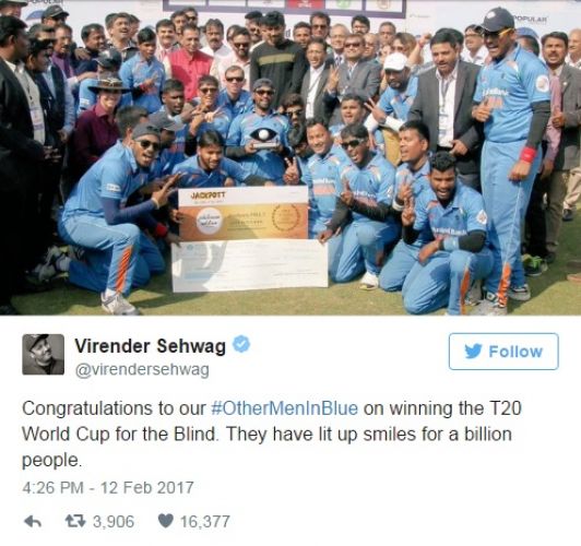 Controversies over Virender Sehwag's tweet about India's blind cricket team