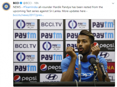 Hardik Pandiya had given rest for two test against Sri Lanka