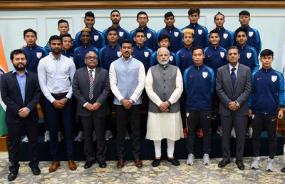 Indian U-17 Football team have a group photo session with PM Modi