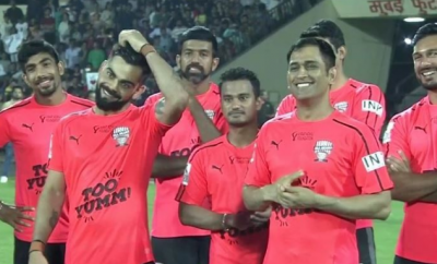 MS Dhoni scored two goals in an exhibition match, All hearts beat All Stars by 7-3.
