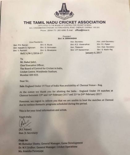 M.A. Chidambaram stadium unavailable for two U-19 Test matches: TNCA