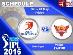 IPL 2016's 52nd Match: Delhi Daredevils vs Sunrisers Hyderabad