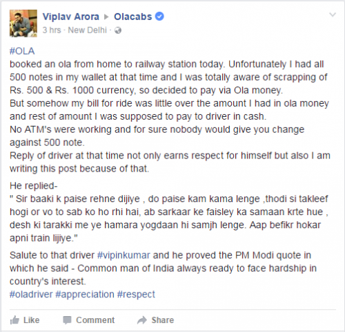ओला कैब के चालक ने कायम की अनूठी मिसाल, मोदी ने भी किया रिट्वीट