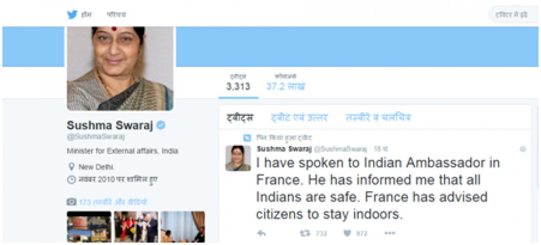 पेरिस आतंकी हमलों में सभी भारतीय सुरक्षित: सुषमा स्वराज