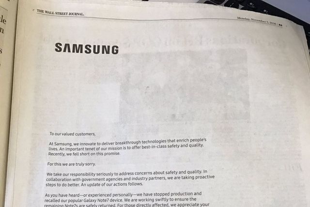 Samsung sending apology ads for the Note 7 crisis