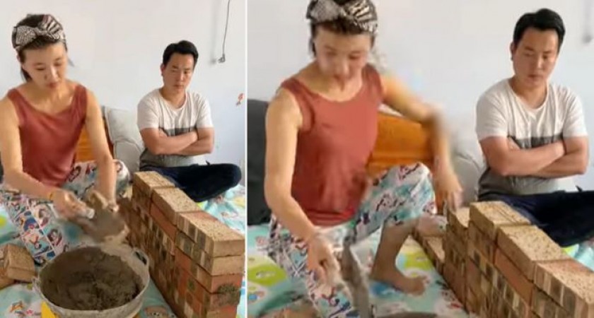 पति से लड़कर पत्नी ने बिस्तर पर बना डाली ईंट की दीवार, वीडियो वायरल
