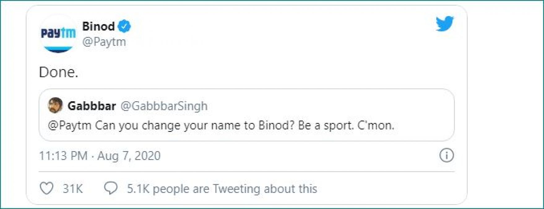 ट्विटर पर Paytm ने अपना नाम बदलकर रखा 'Binod', जानिए क्यों?