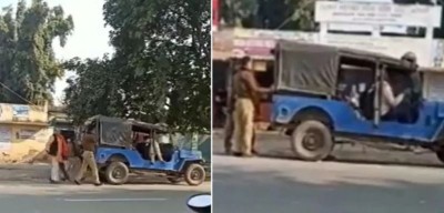 VIDEO: पुलिस ने लगाया गाडी को धक्का तो युवक ने की मजेदार कमेंट्री