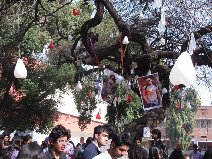 दिल्ली यूनिवर्सिटी में वैलेंटाइन डे के मौके पर, कंडोम से सजे इस पेड़ की स्टूडेंट करते है पूजा