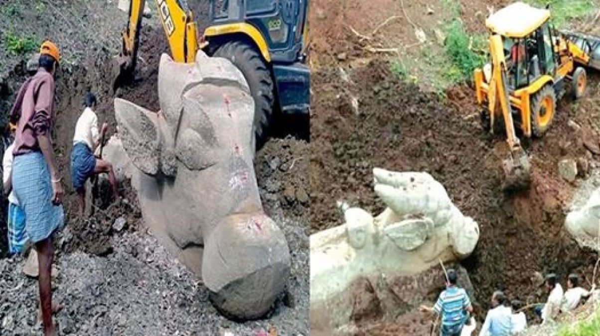 Statues of Lord Shiva's Nandi come out in lake excavation; pictures go viral!