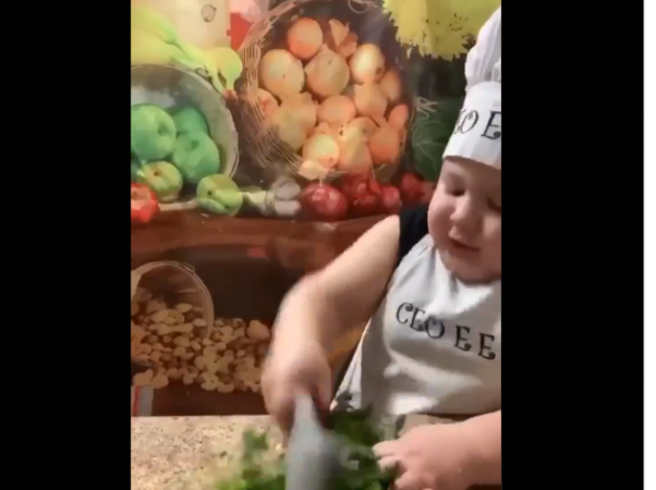 Art of a little chef cutting vegetables, Video viral
