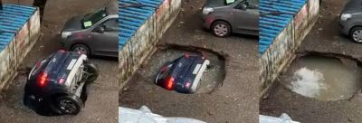 मुंबई वायरल वीडियो: देखते ही देखते जमीन में समा गई पार्किंग में खड़ी कार, ऐसे निकाला गया वापस
