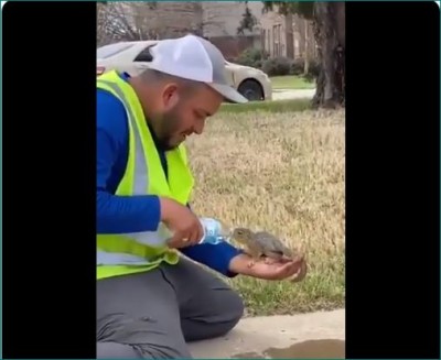 नन्ही गिलहरी को शख्स ने बोतल से पिलाया पानी, वीडियो जीत रहा दिल