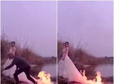 Video : शादी को यादगार बनाने के लिए इस दुल्हन ने अपने कपड़ो में लगा ली आग