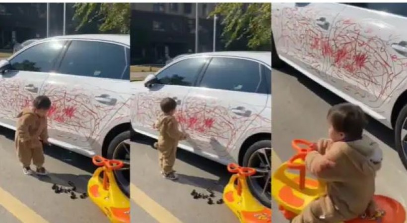बच्चे ने लिपस्टिक से रंग दी पूरी कार, मजेदार वीडियो वायरल