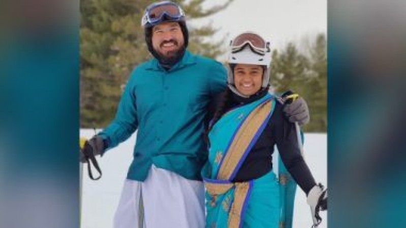Couple went skiing in saree and dhoti, video went viral